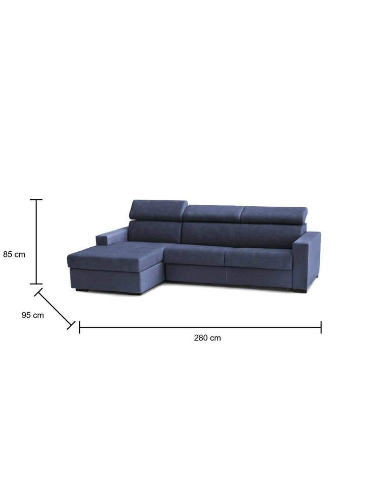Divano fisso Viviana, Divano ad angolo, 100% Made in Italy, Sofà Soggiorno con chaise longue, in tessuto imbottito - Penisola contenitore Sinistra, con Braccioli standard, Cm 280x95h85, Blu