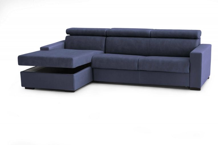 Divano fisso Viviana, Divano ad angolo, 100% Made in Italy, Sofà Soggiorno con chaise longue, in tessuto imbottito - Penisola contenitore Sinistra, con Braccioli standard, Cm 280x95h85, Blu