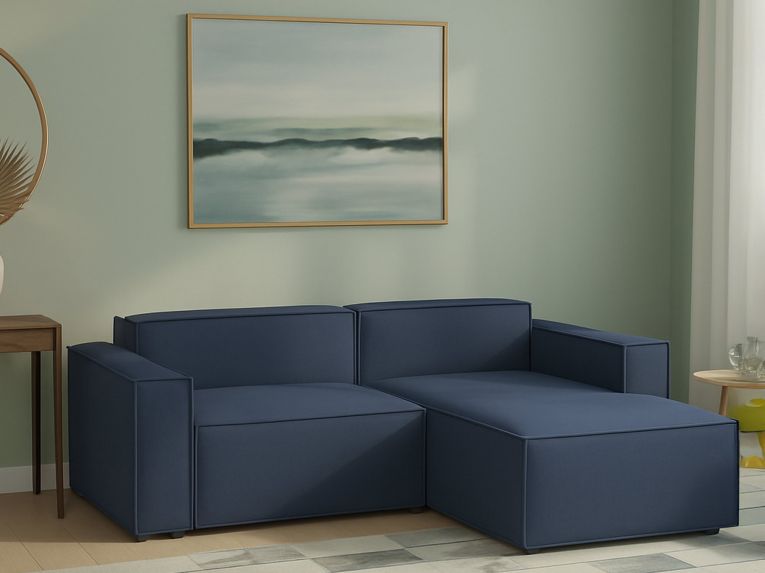 Divano in legno e ferro rivestito in tessuto blu 240x170x70h cm - Ameli