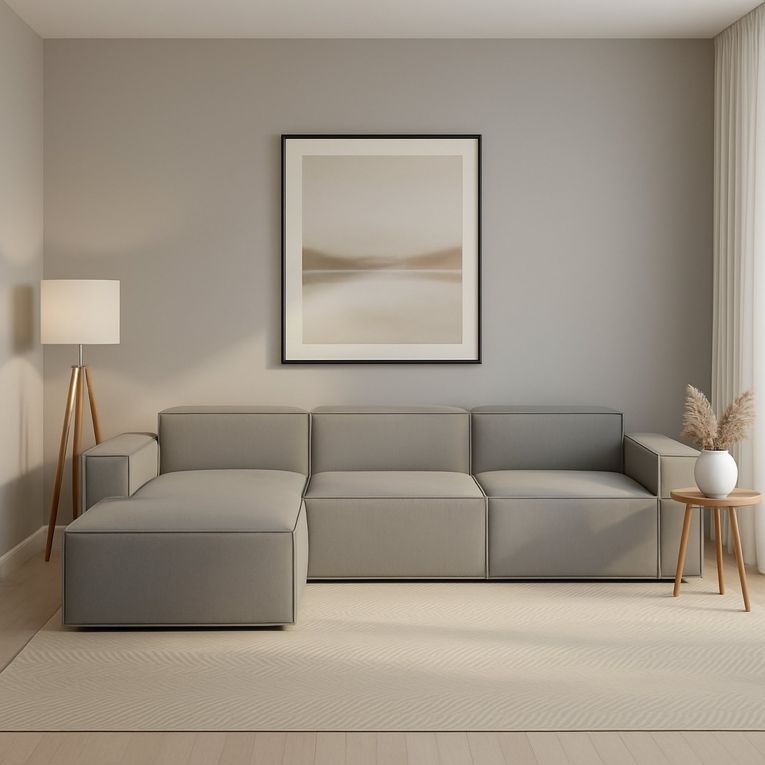 Divano in legno e ferro rivestito in tessuto grigio 340x170x70h cm - Atrillo