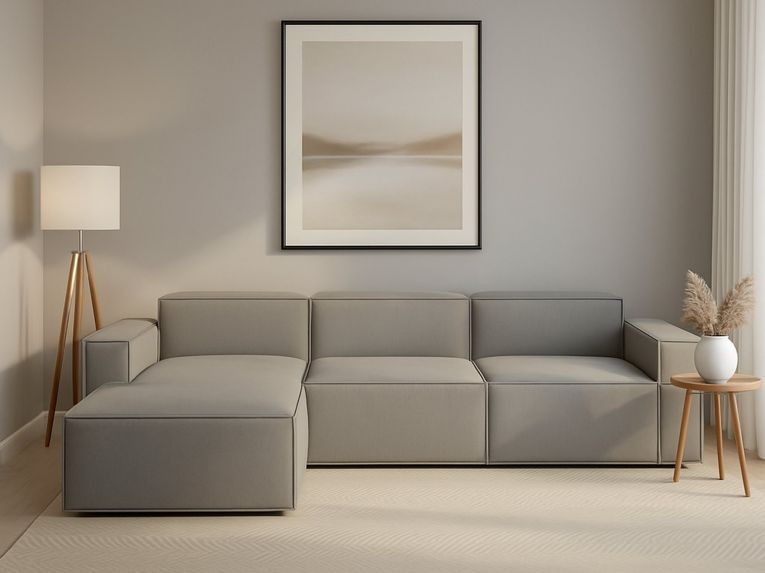 Divano in legno e ferro rivestito in tessuto grigio 340x170x70h cm - Atrillo