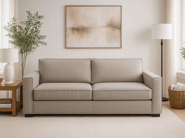 Divano in legno e ferro rivestito in tessuto tortora 200x95x90h cm - Eletta