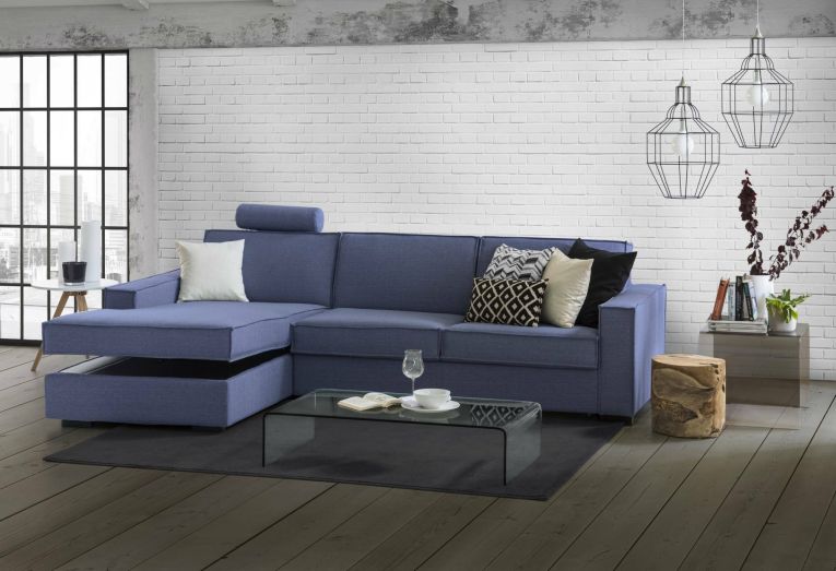 Divano in legno massello rivestito in tessuto blu 280x95x90h cm - Anila