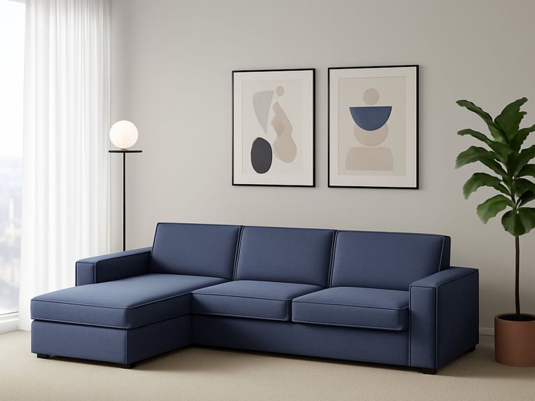 Divano in legno massello rivestito in tessuto blu 280x95x90h cm - Anila