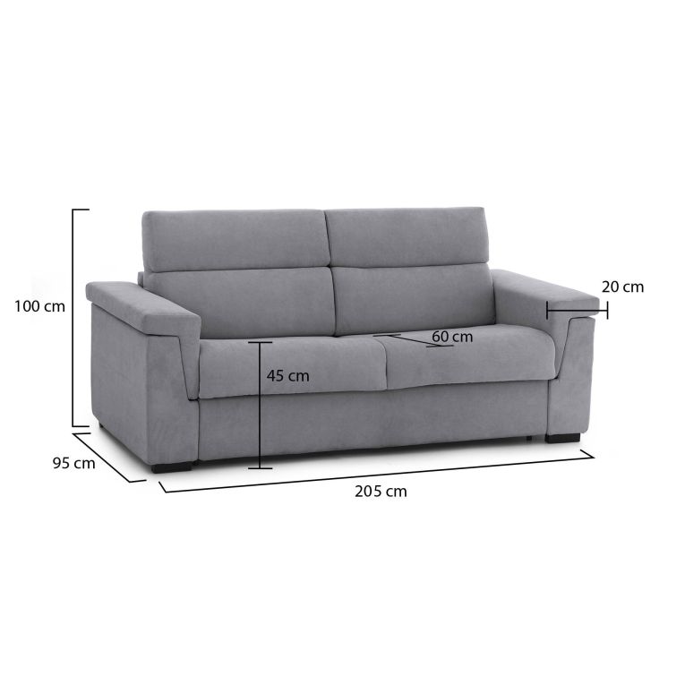 Divano in legno massello rivestito in tessuto grigio 205x95x100h cm - Flaibano