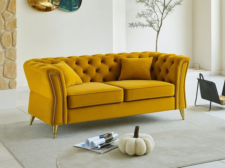 Divano in legno rivestito in tessuto ocra e oro 162x83x76h cm - Casio