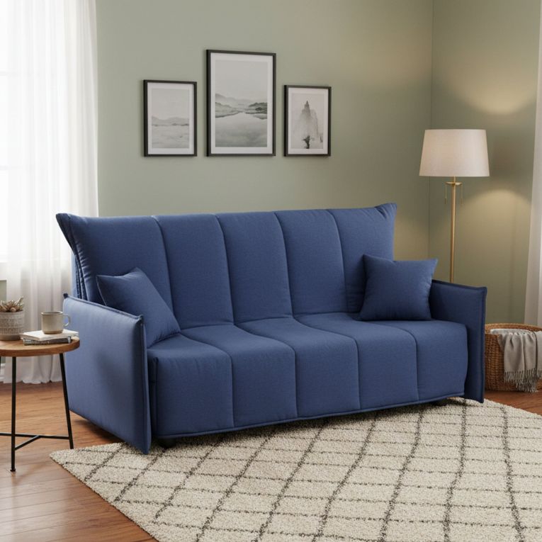 Divano Letto 2 Posti 150x90 cm Blu in Legno Massello Sfoderabile Apertura a Carrello Made in Italy Materasso 10cm Rete Elettrosaldata – Alaric