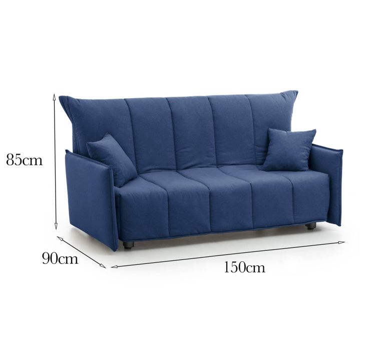 Divano Letto 2 Posti 150x90 cm Blu in Legno Massello Sfoderabile Apertura a Carrello Made in Italy Materasso 10cm Rete Elettrosaldata – Alaric