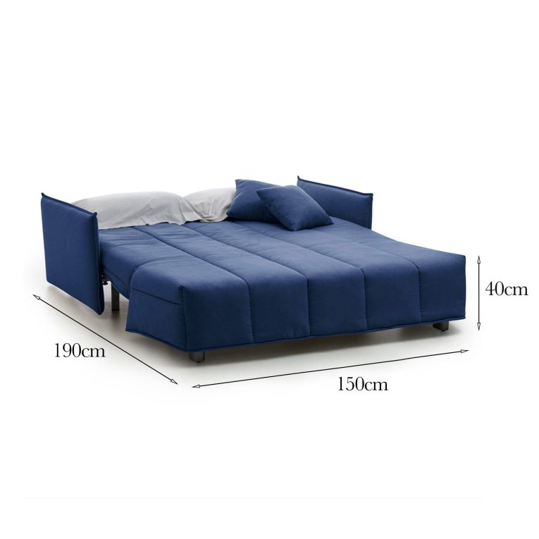 Divano Letto 2 Posti 150x90 cm Blu in Legno Massello Sfoderabile Apertura a Carrello Made in Italy Materasso 10cm Rete Elettrosaldata – Alaric