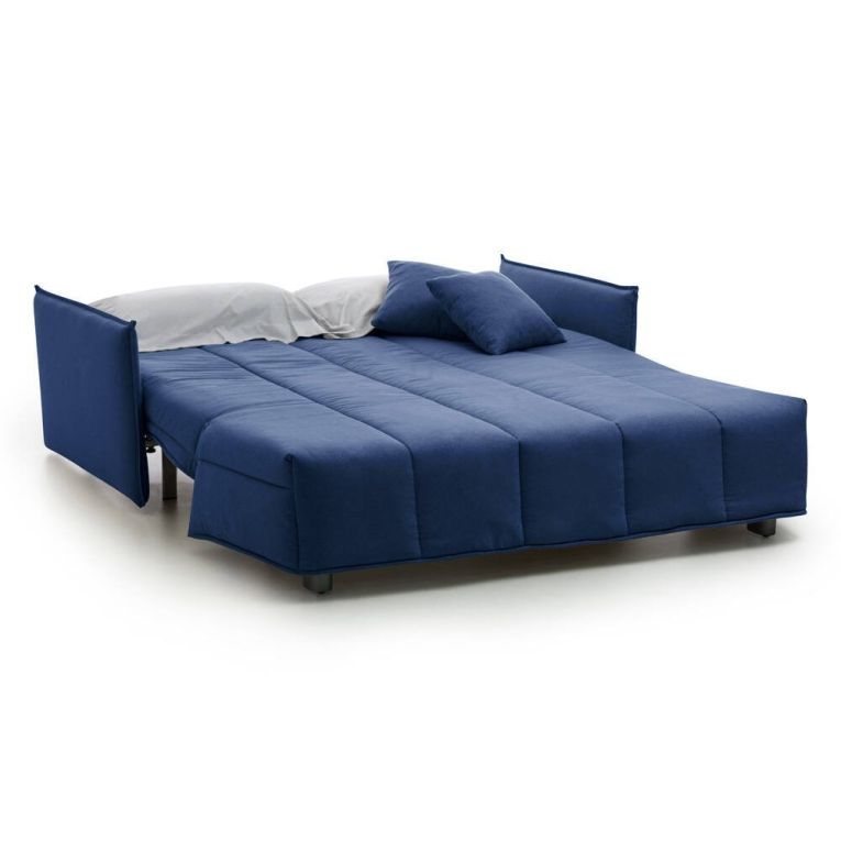 Divano Letto 2 Posti 150x90 cm Blu in Legno Massello Sfoderabile Apertura a Carrello Made in Italy Materasso 10cm Rete Elettrosaldata – Alaric