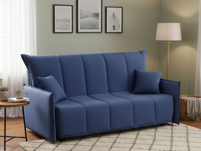 Divano Letto 2 Posti 150x90 cm Blu in Legno Massello Sfoderabile Apertura a Carrello Made in Italy Materasso 10cm Rete Elettrosaldata – Alaric