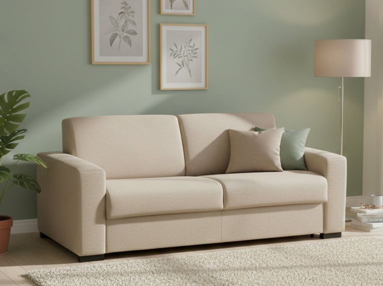 Divano Letto 2 Posti 200x95 cm con Contenitore Apertura a Ribalta in Tessuto Sfoderabile Beige Made in Italy Materasso 140x190 – Andymion