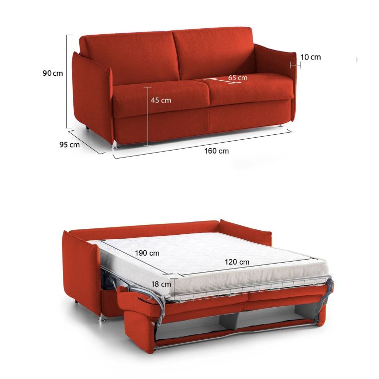 Divano Letto 2 Posti Arancione Sfoderabile Contenitore 160x95 cm, di Apertura a Ribalta Made in Italy - Follina