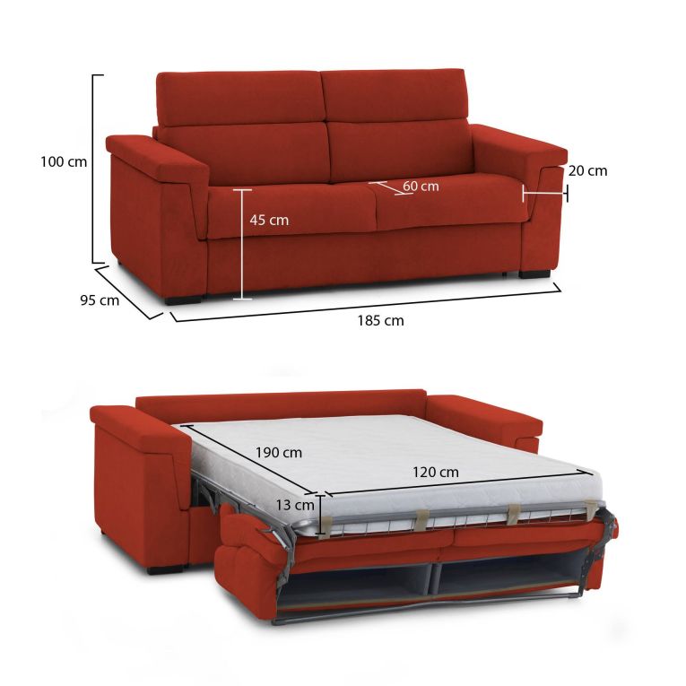 Divano Letto 2 Posti Arancione Sfoderabile Contenitore 185x95 cm, di Apertura a Ribalta Made in Italy - Tenna