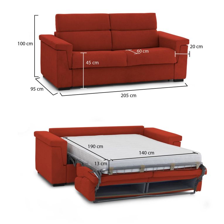 Divano Letto 2 Posti Arancione Sfoderabile Contenitore 205x95 cm, di Apertura a Ribalta Made in Italy - Biscossi
