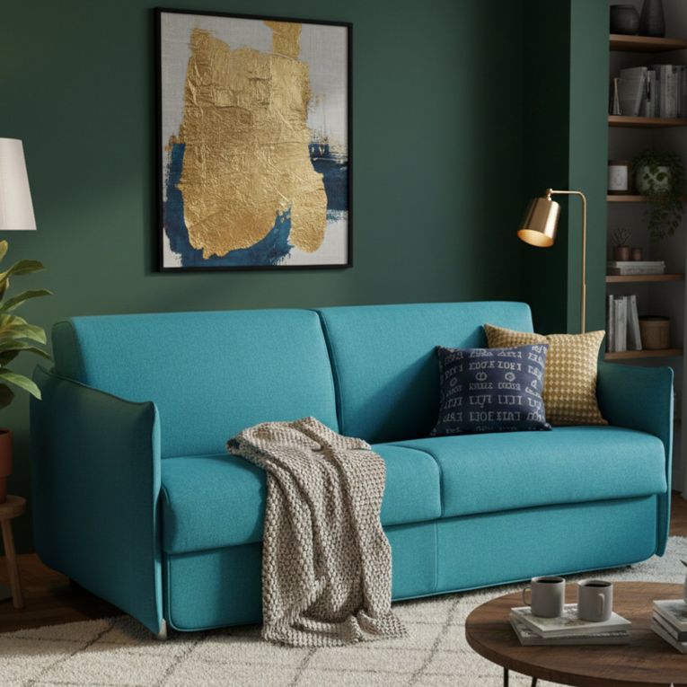 Divano Letto 2 Posti Azzurro Sfoderabile Contenitore 180x95 cm, di Apertura a Ribalta Made in Italy - Trovo