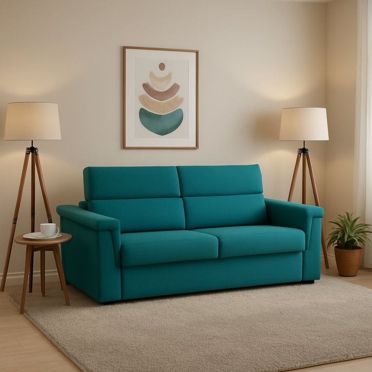 Divano Letto 2 Posti Azzurro Sfoderabile Contenitore 185x95 cm, di Apertura a Ribalta Made in Italy - Tenna