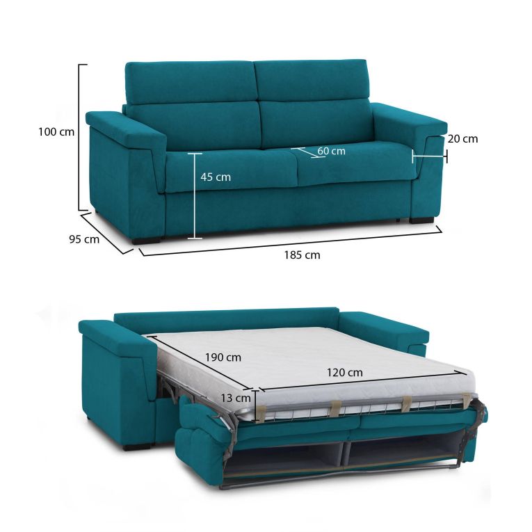 Divano Letto 2 Posti Azzurro Sfoderabile Contenitore 185x95 cm, di Apertura a Ribalta Made in Italy - Tenna