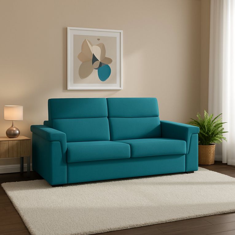 Divano Letto 2 Posti Azzurro Sfoderabile Contenitore 205x95 cm, di Apertura a Ribalta Made in Italy - Biscossi