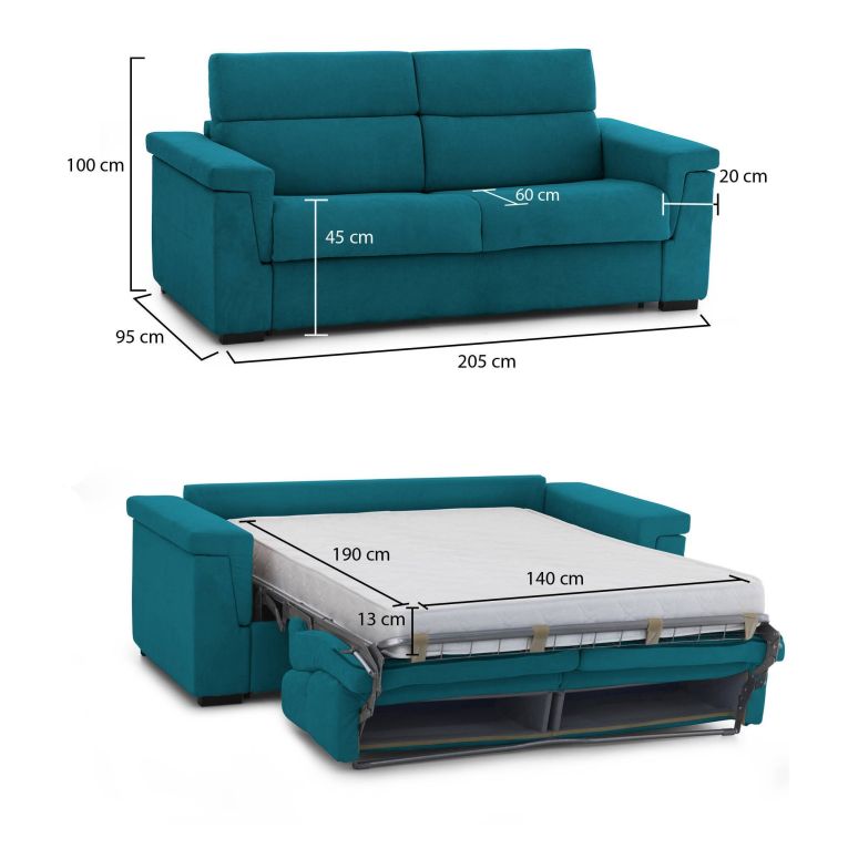Divano Letto 2 Posti Azzurro Sfoderabile Contenitore 205x95 cm, di Apertura a Ribalta Made in Italy - Biscossi