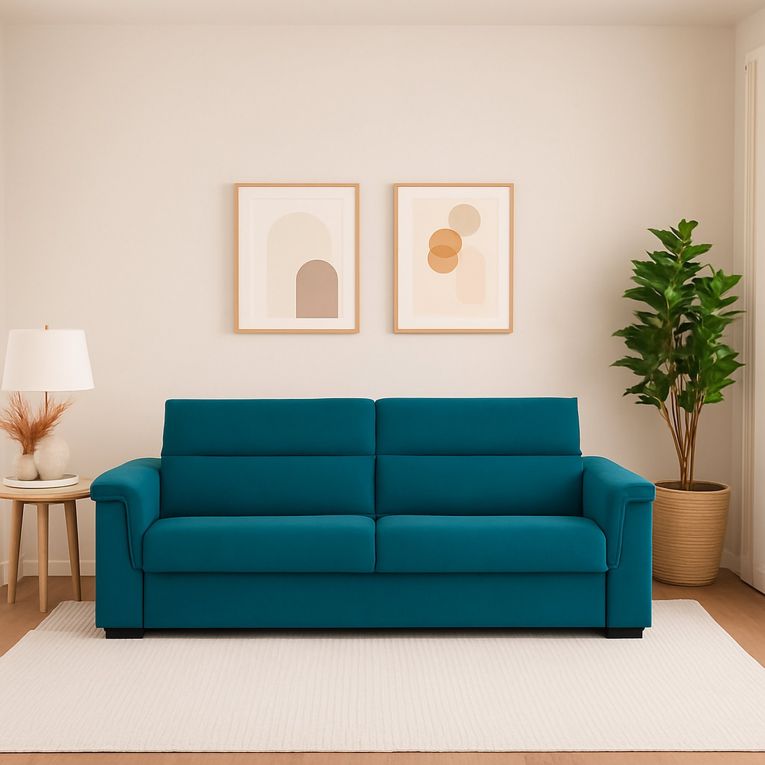 Divano Letto 2 Posti Azzurro Sfoderabile Contenitore 205x95 cm, di Apertura a Ribalta Made in Italy - Brusasco