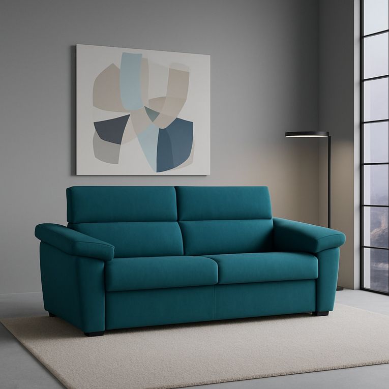 Divano Letto 2 Posti Azzurro Sfoderabile Contenitore 205x95 cm, di Apertura a Ribalta Made in Italy - Contrada