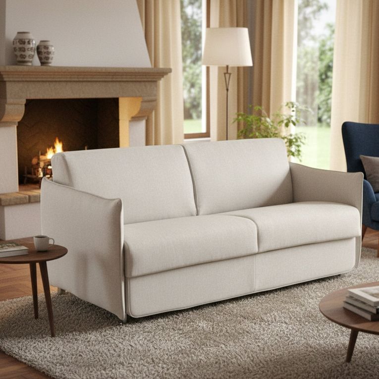 Divano Letto 2 Posti Beige Sfoderabile Contenitore 160x95 cm, di Apertura a Ribalta Made in Italy - Follina