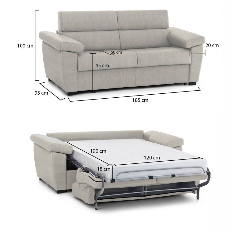 Divano Letto 2 Posti Beige Sfoderabile Contenitore 185x95 cm, di Apertura a Ribalta Made in Italy - Salorno