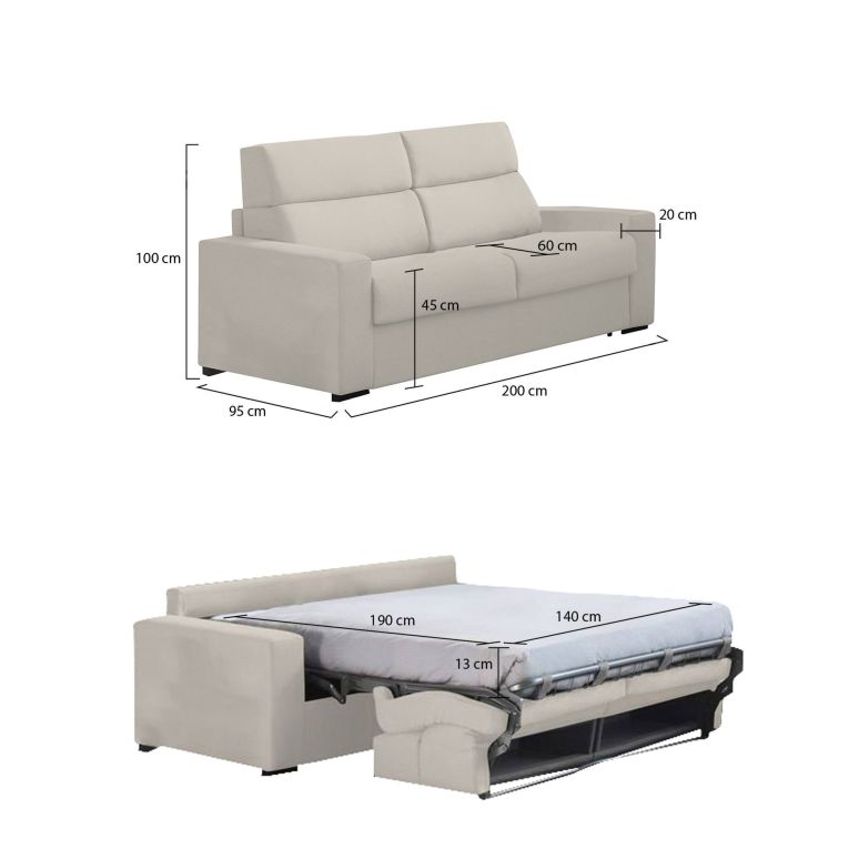 Divano Letto 2 Posti Beige Sfoderabile Contenitore 200x95 cm, di Apertura a Ribalta Made in Italy - Sonico