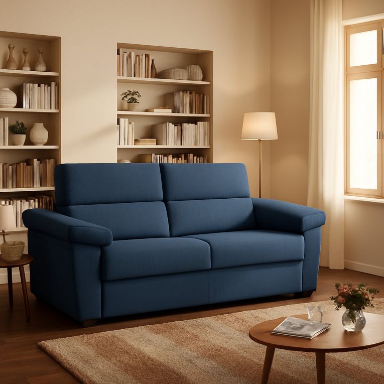 Divano Letto 2 Posti blu Sfoderabile Contenitore 185x95 cm, di Apertura a Ribalta Made in Italy - Seui