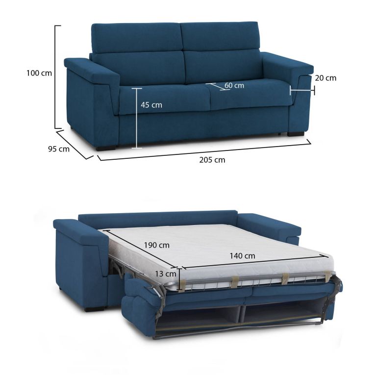 Divano Letto 2 Posti blu Sfoderabile Contenitore 205x95 cm, di Apertura a Ribalta Made in Italy - Biscossi