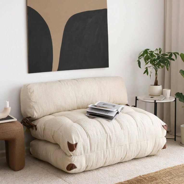 Divano letto 2 posti Dysnomia, Sofà trasformabile, Divanetto per ospiti, Poltrona letto contenitore, 120x75 h79 cm, Crema