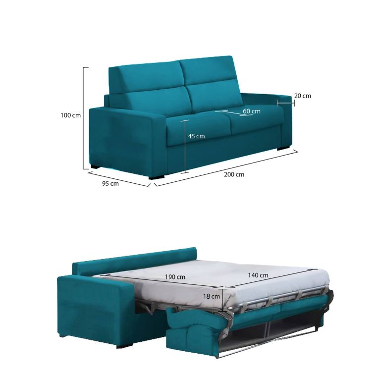 Divano letto 2 posti Ecate, 200x95 h100 cm, Azzurro