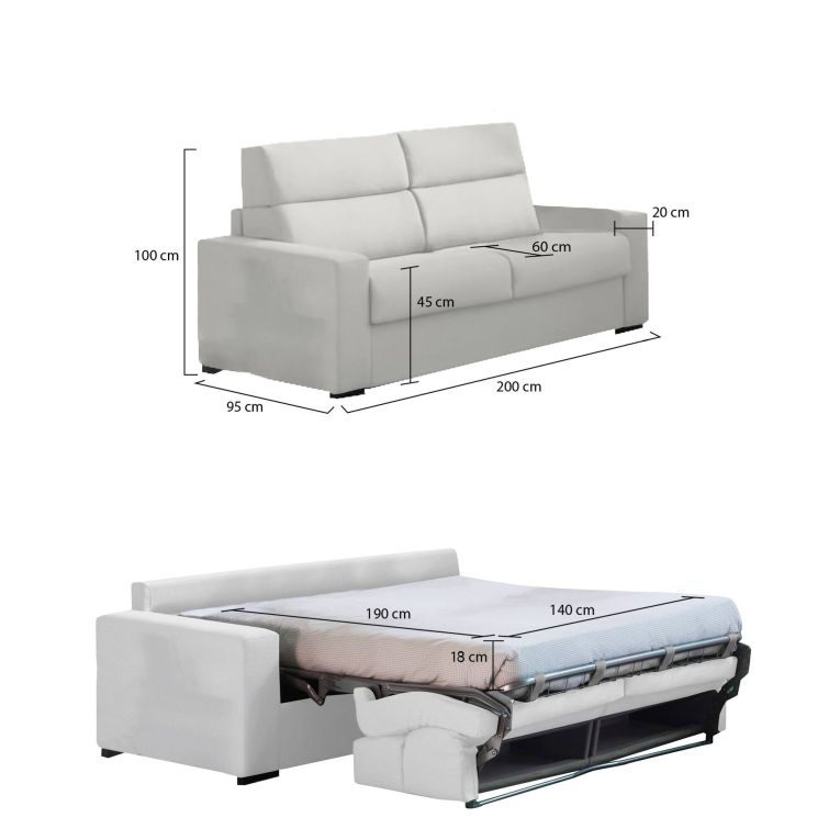 Divano letto 2 posti Ecate, 200x95 h100 cm, Grigio chiaro