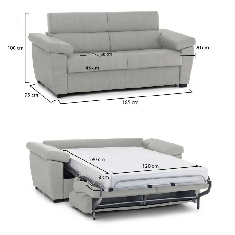 Divano Letto 2 Posti Grigio Chiaro Sfoderabile Contenitore 185x95 cm, di Apertura a Ribalta Made in Italy - Salorno