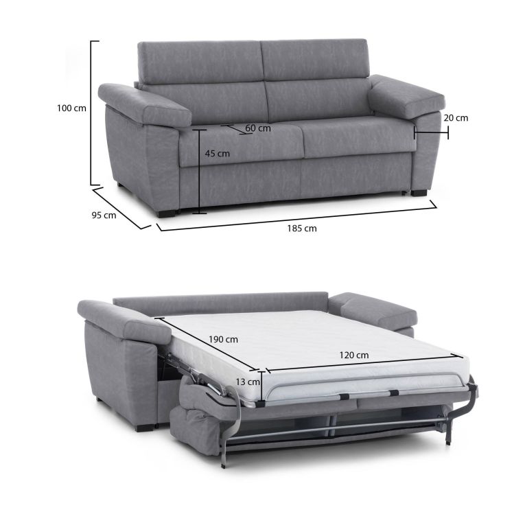 Divano Letto 2 Posti Grigio Sfoderabile Contenitore 185x95 cm, di Apertura a Ribalta Made in Italy - Seui