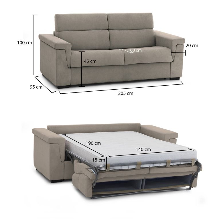 Divano Letto 2 Posti Grigio Tortora Sfoderabile Contenitore 205x95 cm, di Apertura a Ribalta Made in Italy - Brusasco