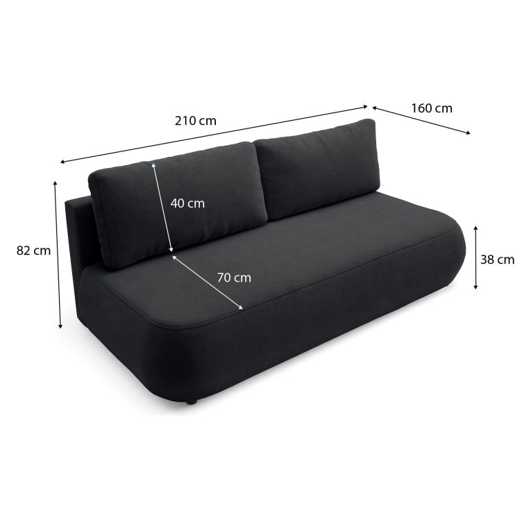 Divano Letto 2 Posti Nero Contenitore Cuscini Sfoderabili 210x106 cm, Reclinabile - Brugnato