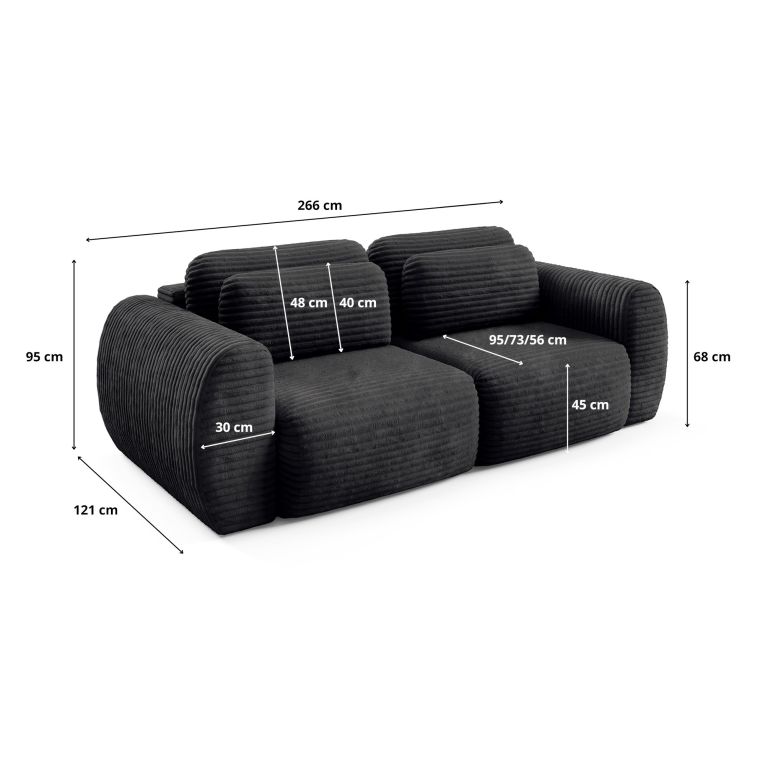 Divano Letto 2 Posti Nero Contenitore di Apertura a Libro 266x121 cm, Reclinabile - Golgi