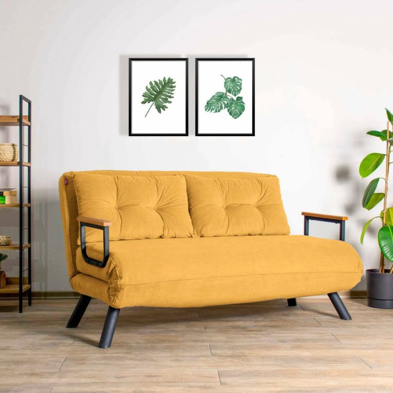 Divano letto 2 posti Quaoar, Sofà trasformabile, Divanetto per ospiti, Poltrona letto contenitore, 133x50 h41 cm, Giallo