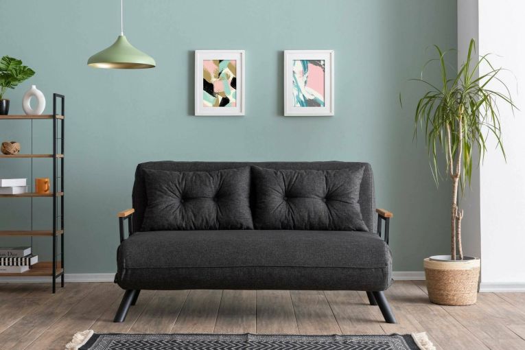 Divano letto 2 posti Quaoar, Sofà trasformabile, Divanetto per ospiti, Poltrona letto contenitore, 133x50 h41 cm, Grigio e Quercia