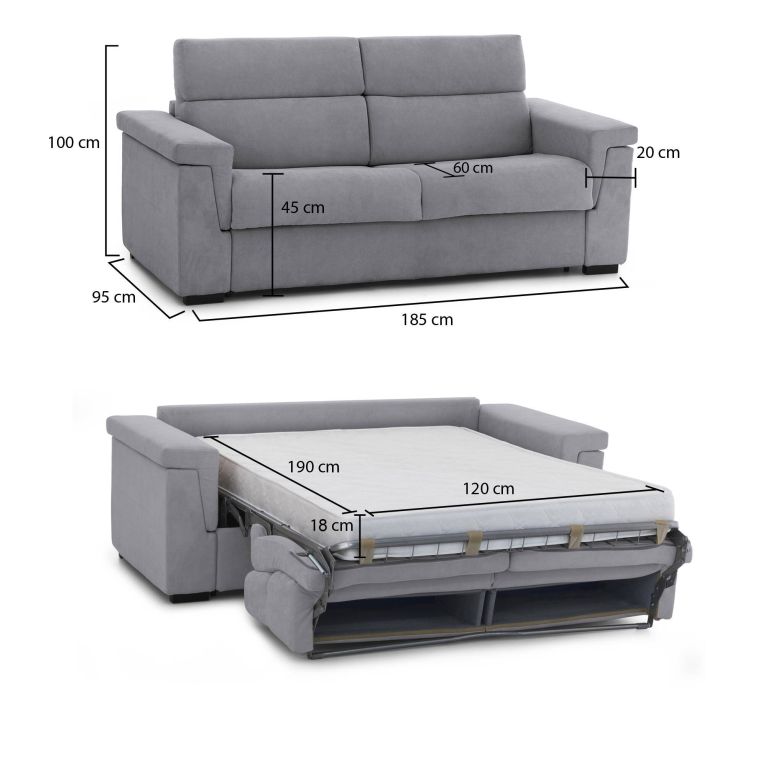 Divano letto 2 posti Rigolato, 185x95 h100 cm, Grigio