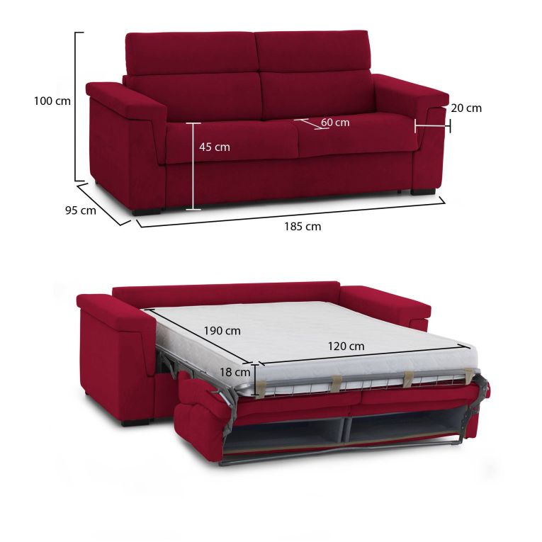 Divano letto 2 posti Rigolato, 185x95 h100 cm, Rosso