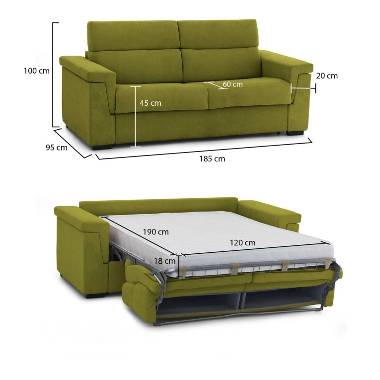 Divano letto 2 posti Rigolato, 185x95 h100 cm, Verde