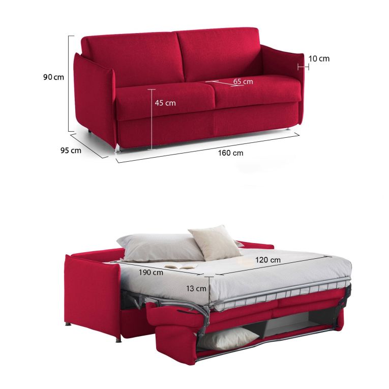 Divano Letto 2 Posti Rosso Sfoderabile Contenitore 160x95 cm, di Apertura a Ribalta Made in Italy - Verceia