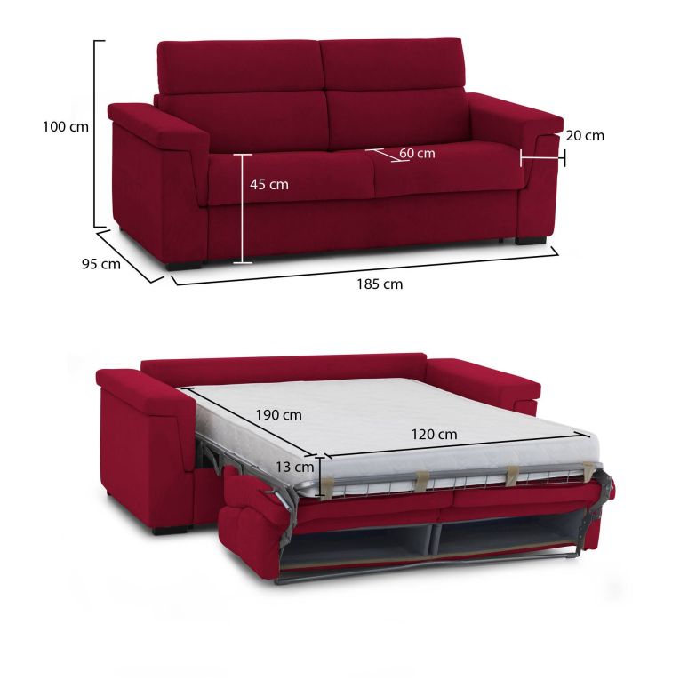 Divano Letto 2 Posti Rosso Sfoderabile Contenitore 185x95 cm, di Apertura a Ribalta Made in Italy - Tenna