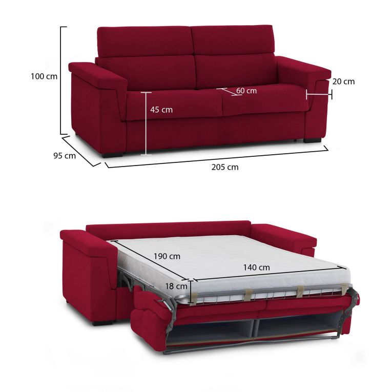 Divano Letto 2 Posti Rosso Sfoderabile Contenitore 205x95 cm, di Apertura a Ribalta Made in Italy - Brusasco