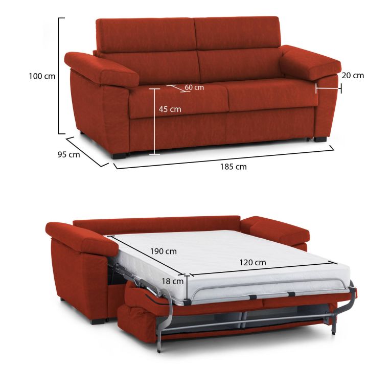 Divano letto 2 posti Salorno, 185x95 h100 cm, Arancione
