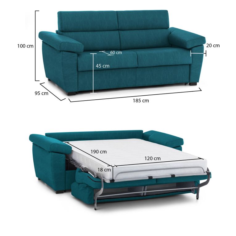 Divano letto 2 posti Salorno, 185x95 h100 cm, Azzurro
