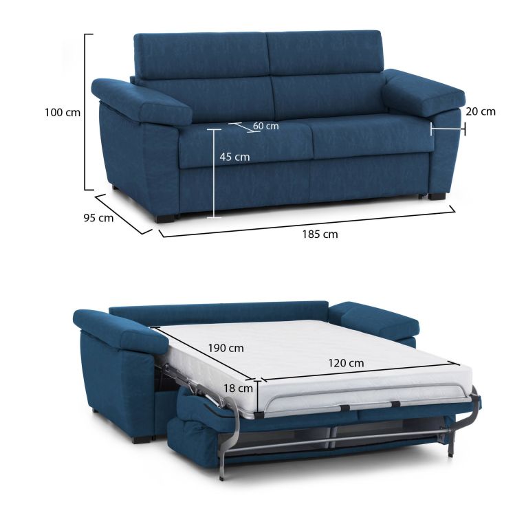 Divano letto 2 posti Salorno, 185x95 h100 cm, Blu